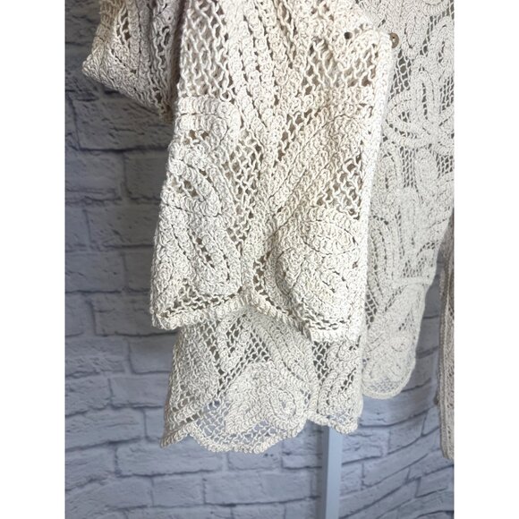 Boho Knit Cardigan Sweater Beige Size MED Ladies Crochet Button Down - Picture 5 of 7